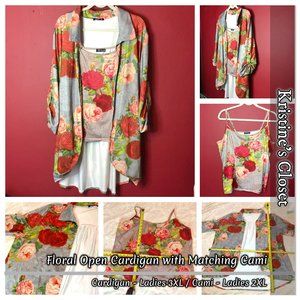 2 Piece - Floral Open Cardigan with Matching Cami - Ladies Plus